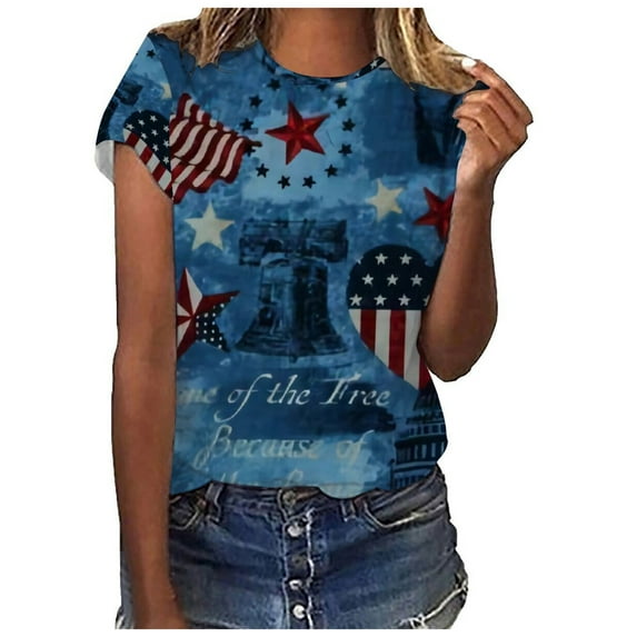Lilgiuy Women Graphic T-shirt Independence Day Printed Tops Round Neck Short Sleeve Pullover Blouse
