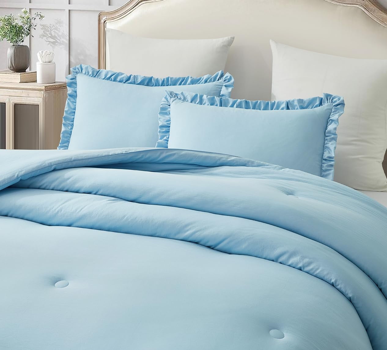 Chezmoi Collection Nora 3-Piece Chambray Blue Ruffled Edge Trim Microfiber Comforter Set, Queen Size