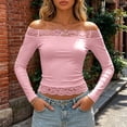 thumbnail image 2 of GEWSEY Women's Lace Off The Shoulder Crop Tops Y2k Goth Cinched Waist Long Sleeve Cropped T Shirts Going Out Outfits (Pink, L), 2 of 7