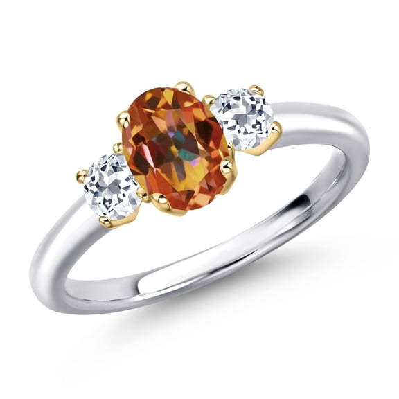 Gem Stone King 10K Two Tone Gold Ecstasy Mystic Topaz and White Topaz Engagement Ring for Women | 1.43 Cttw | Oval 7X5MM | Gemstone November Birthstone | Size 8