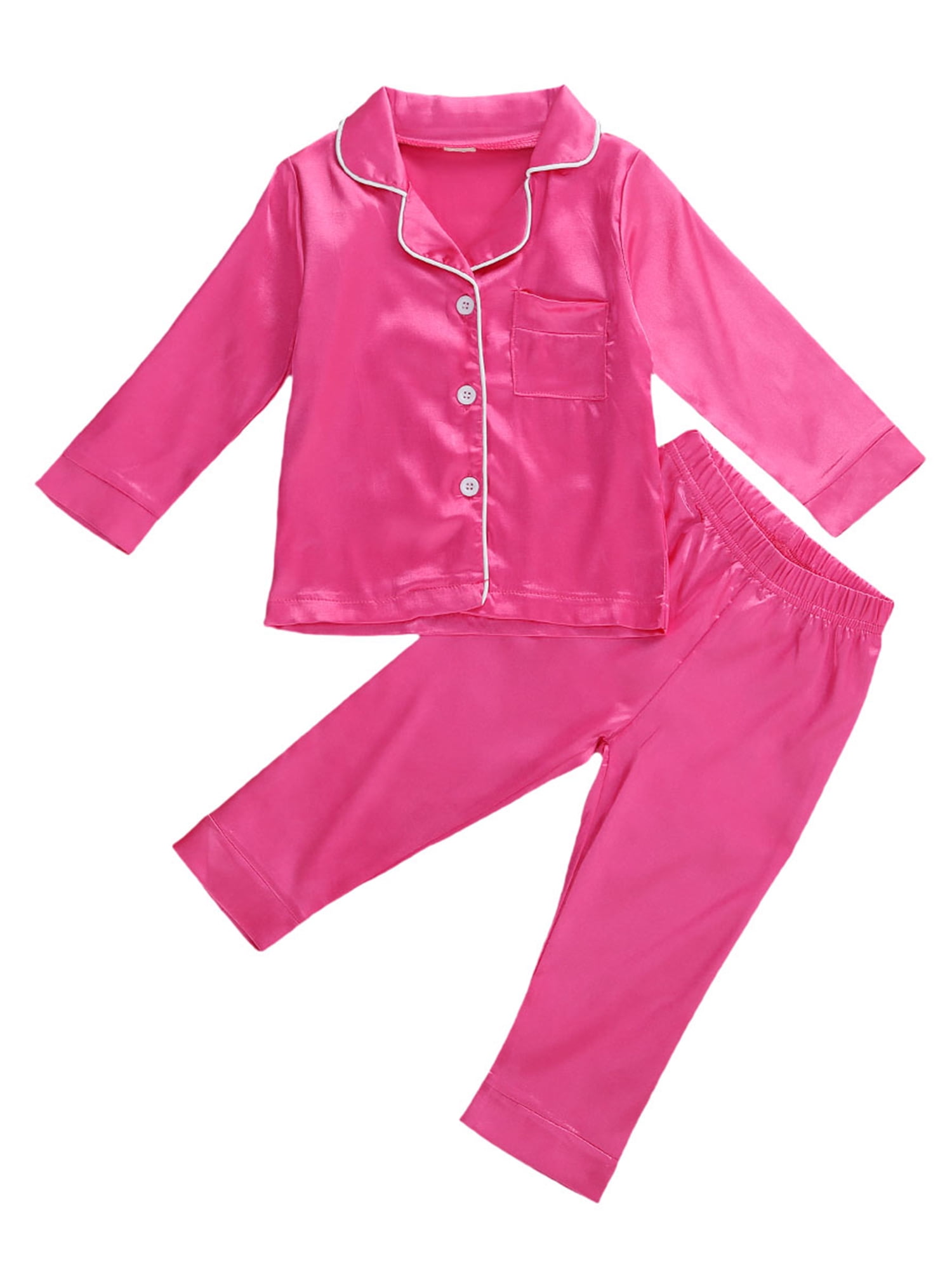 Toddler Baby Kids Girls Satin Pajamas Set Long Sleeve Button-Down Sleepwear PJs 