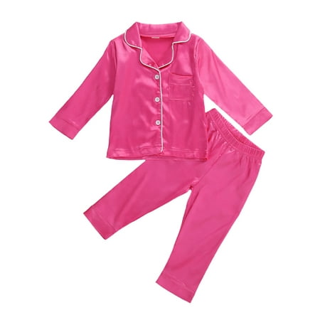 

TheFound 2Pcs Toddler Baby Girls Satin Pajamas Set Long/Short Sleeve Button Down Shirts Pants Sleepwear Clothes