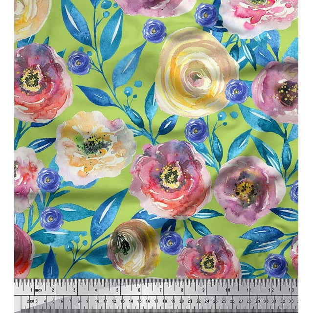 Soimoi Vert Coton Canard Tissu Feuilles & Rose Imprimé Floral 1 Yard 42 Inch Wide