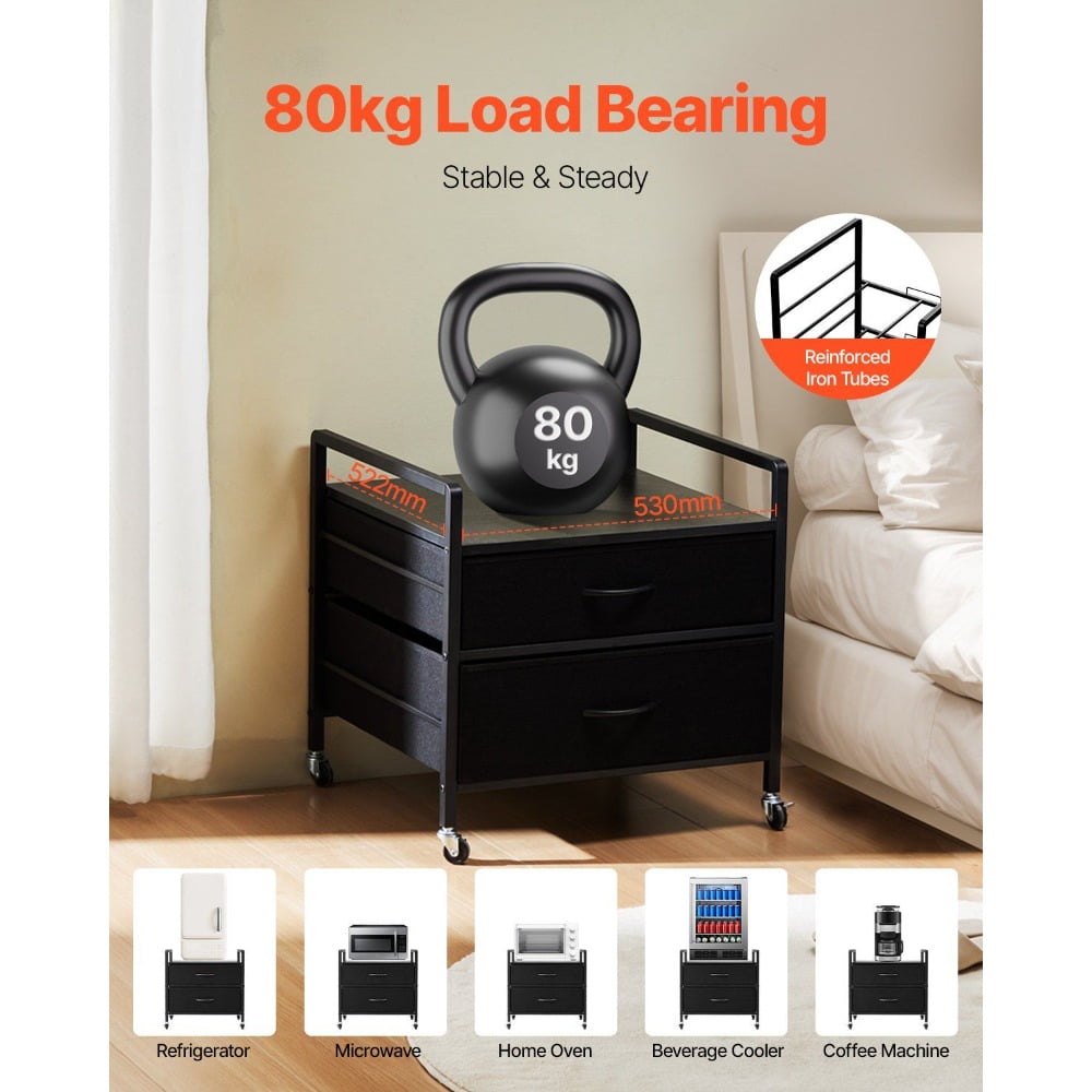2-Drawer Mini Fridge Stand with Storage Function Black Solid Wood Mini Fridge Table, Suitable for Kitchen, Living Room, Bedroom, or Office
