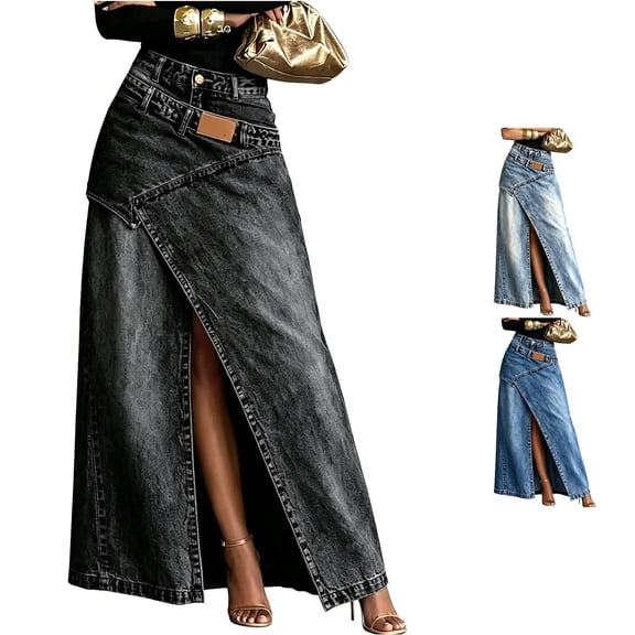 Wxolcjlv Denim Maxi Skirt for Women High Waist Wrap Split Casual Streetwear Long A Line Skirt