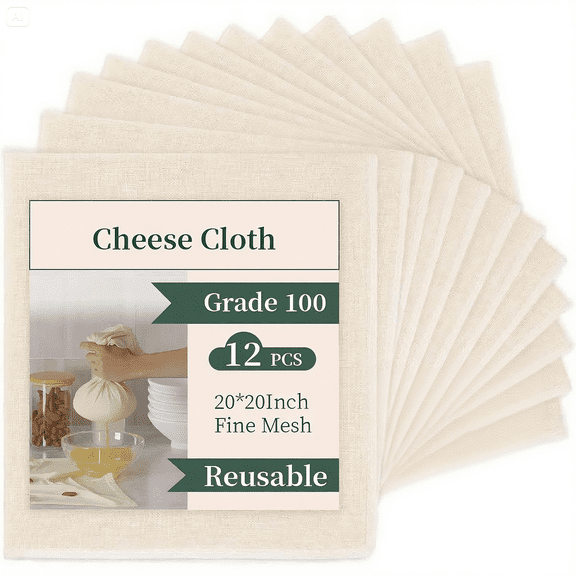 MRSXXNTY 12PCS Reusable Cheesecloth, Grade 100, 20x20 Inch Hemmed Cheese Cloth for Straining Craft, 100% Cotton Unbleached Cloth Strainer for Cooking, Baking, Juicing, Cheese Making (44×36 Threads)