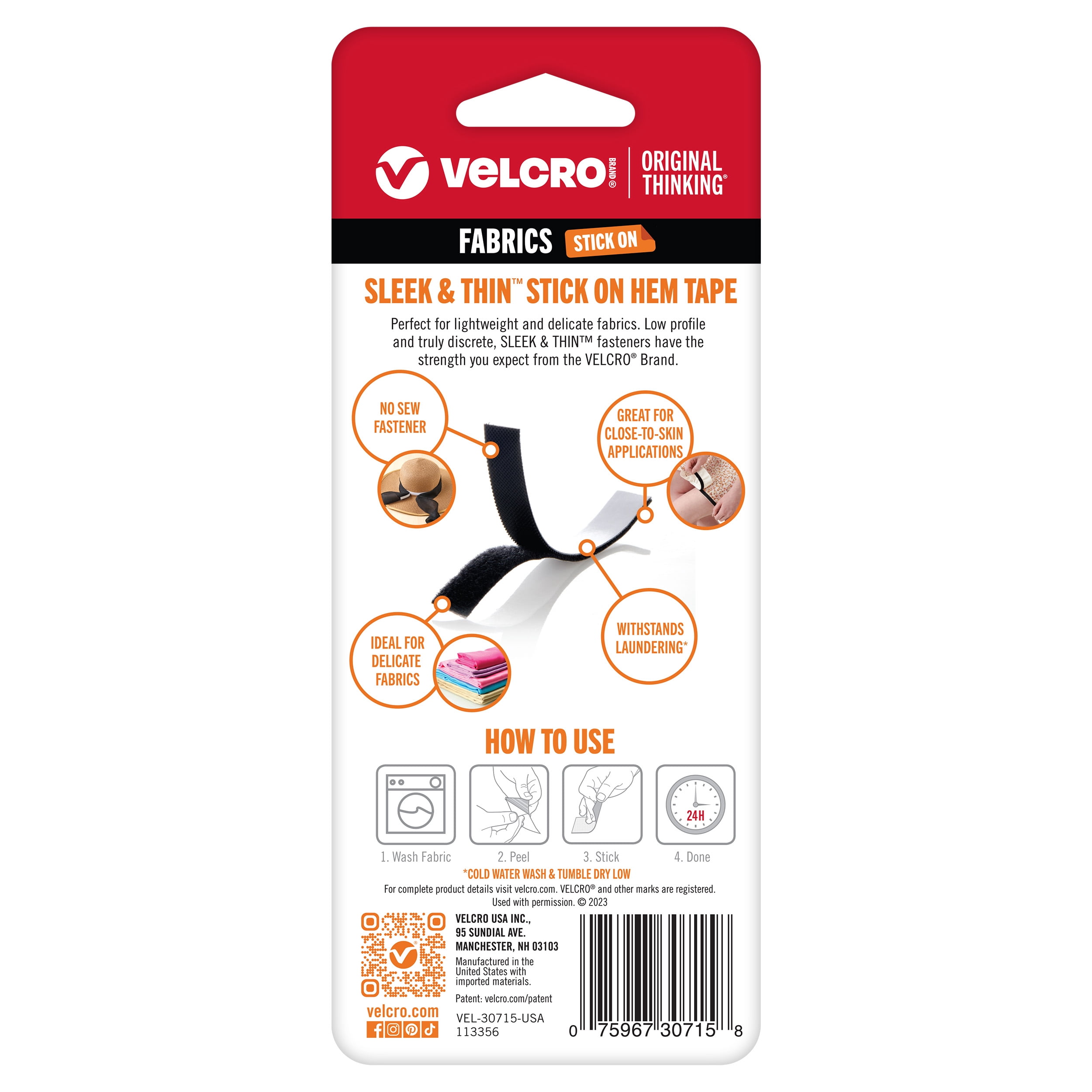VELCRO Brand SLEEK & THIN™ - Stick On Hem Tape | No Sew Low Profile Hemming | 3ft X 1/2" Roll, Black