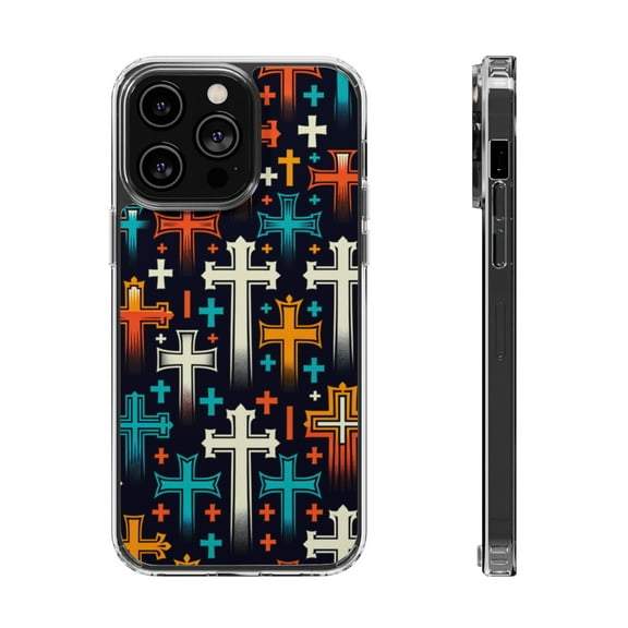 DistinctInk Hybrid (Acrylic / TPU) Clear Slim Fit Case for Apple iPhone 13 Pro MAX (6.7" Screen) - "Bold and Colorful Christian Cross Patterns"
