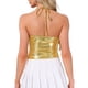thumbnail image 3 of Camiseta metálica sin espalda para mujer Inspire Chic, con tirantes asimétricos y halter, top brillante en color dorado, 3 of 6