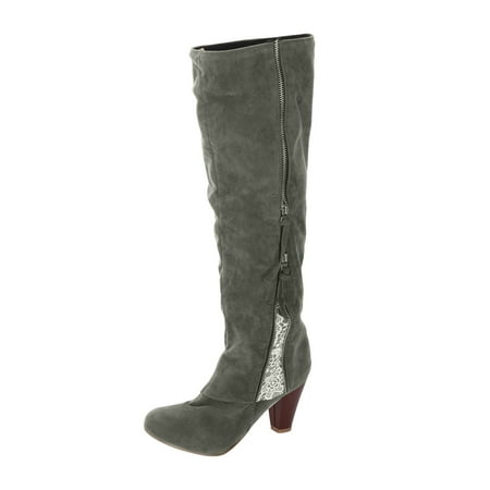 

Womens Wide Mid Calf Boots Dressy Suede Lace Crochet Winter Boots Fashion Platform Chunky Heel Knee High Boots