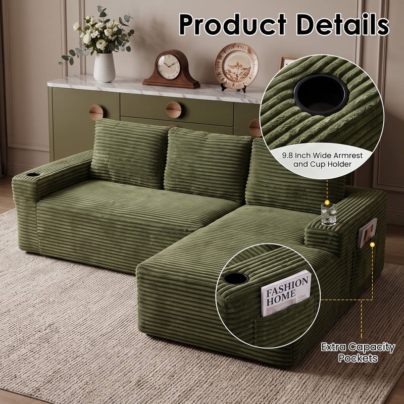 Anpport 104" Boneless Cloud Modular Sectional Couch, Corduroy Sofa with Cup Holders, Side Pockets, Deep Seat, No Assembly Required for Living Room, Green (R‑Shaped, Right Facing Chaise)