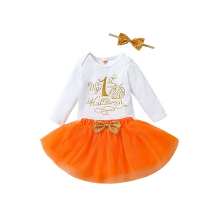 

ZIYIXIN 3Pcs Infant Baby Girl My 1st Halloween Outfits Long Sleeve Romper Tutu Skirt Headband Clothes Orange 6-12 Months