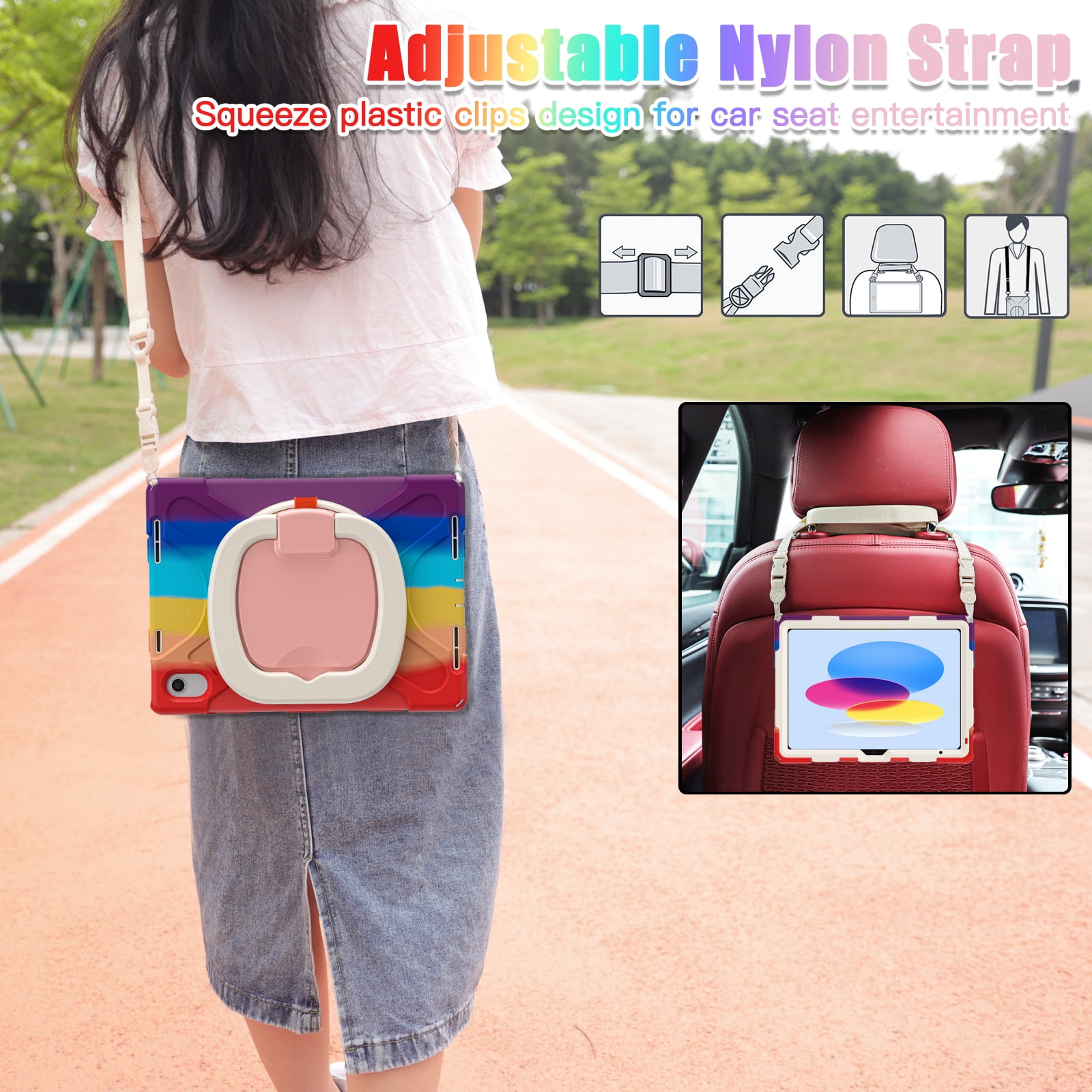 iPad 10th Generation Case 2022,iPad 10th Gen 10.9 inch Rugged Case with Screen Protector,Rotating Stand/Pencil Holder/Carrying Shoulder Strap - Colourful Red