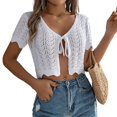 thumbnail image 2 of ZenCart Women Crochet Tops Short Sleeve Lace-up Hollow Design Knitting Tops Sun Protection Summer Vacation Tops, 2 of 8