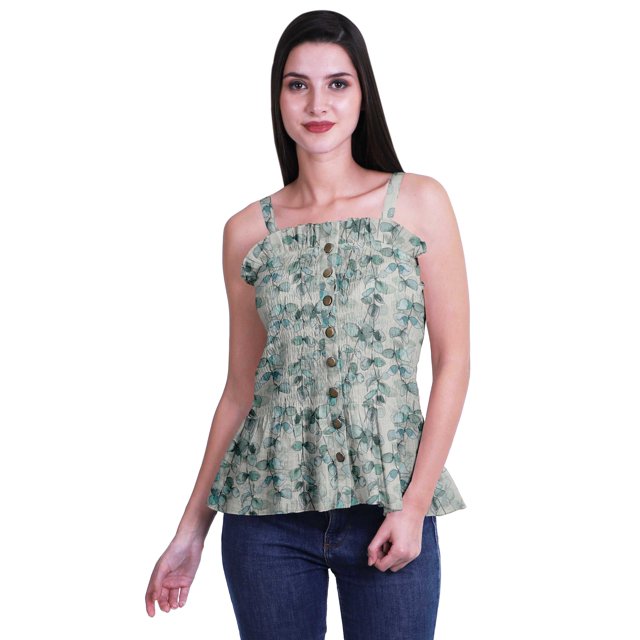 Moomaya Printed Casual Frill Smoked Full Buttoned Closure Women Fitted Crop Top