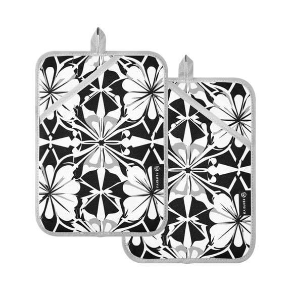 Black and White Flowers Art Pattern Oven Mitts Pot Holders 2 pcs Heat Resistant for Kitchen Baking Grilling
