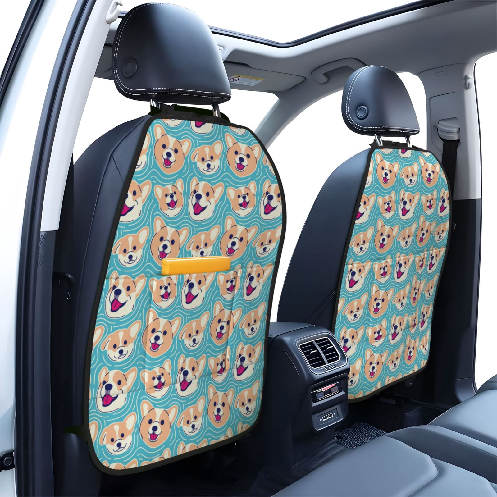 Xecao Cute Corgi Head Pattern Car Seat Back Protector 2 Pack Large Capacity Pocket, Kick Mats Back Seat Protector