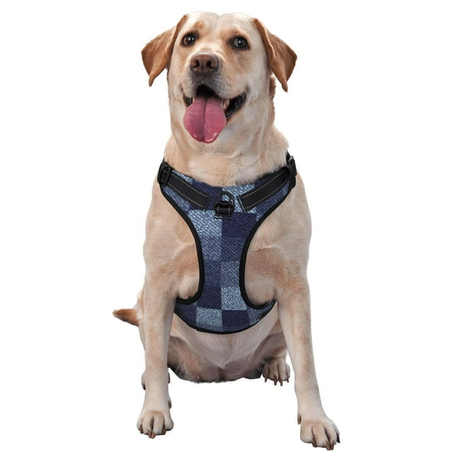 KLL Blue Gingham Buffalo Check Pattern Dog Harness - Lightweight,Soft,Adjustable Small Harness and Leash Set-Medium