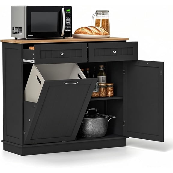 POWERSTONE Hidden Tilt Out Trash Cabinet Kitchen Island with 2 Drawers & Adjustable Shelf, Rubber Wood Countertop, Freestanding Laundry Hamper Recycle Bins, Pet Proof Garbage Can Holder Black