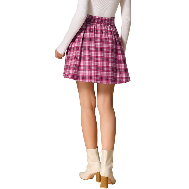 Allegra K Vintage Plaid Skirt for Women's Double Breasted A-Line