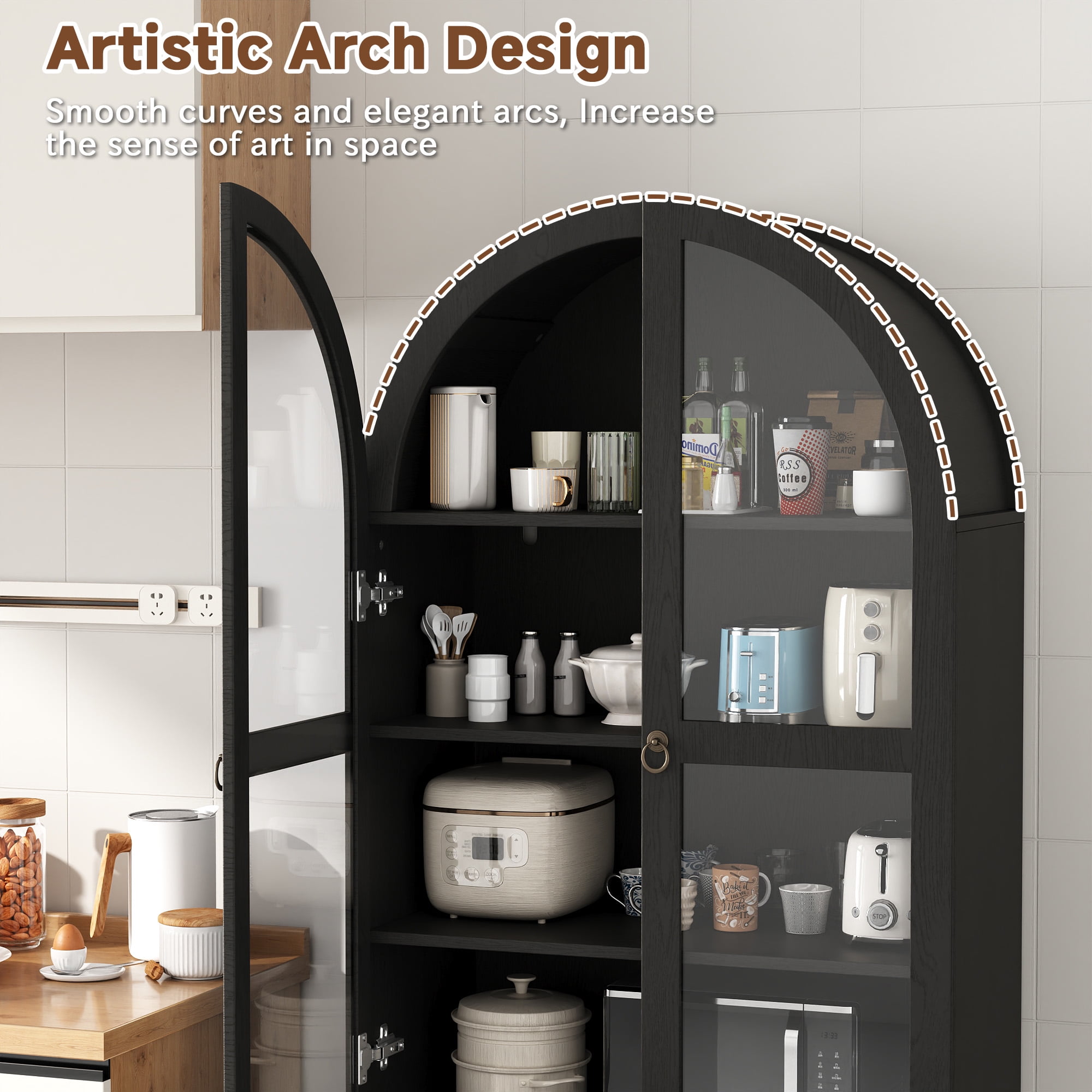 Arched Kitchen Pantry Cabinet & Display Cabinet with Glass Doors, 4 Shelves, 2 Drawers, Solid Wood Legs, 71 inches in Height, Suitable for Kitchen, Bedroom and Living Room, for Easy Storage