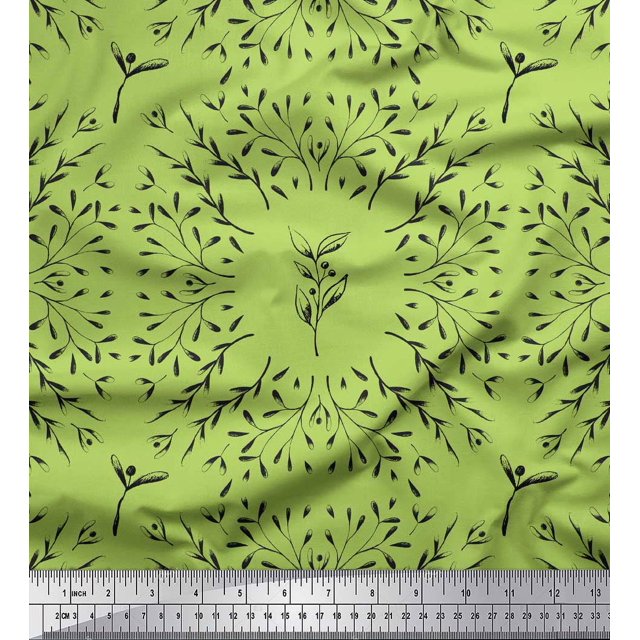 Soimoi Green Moss Georgette Fabric EuropeanSeeds Leaves Print Sewing Fabric Yard 44 Inch Wide