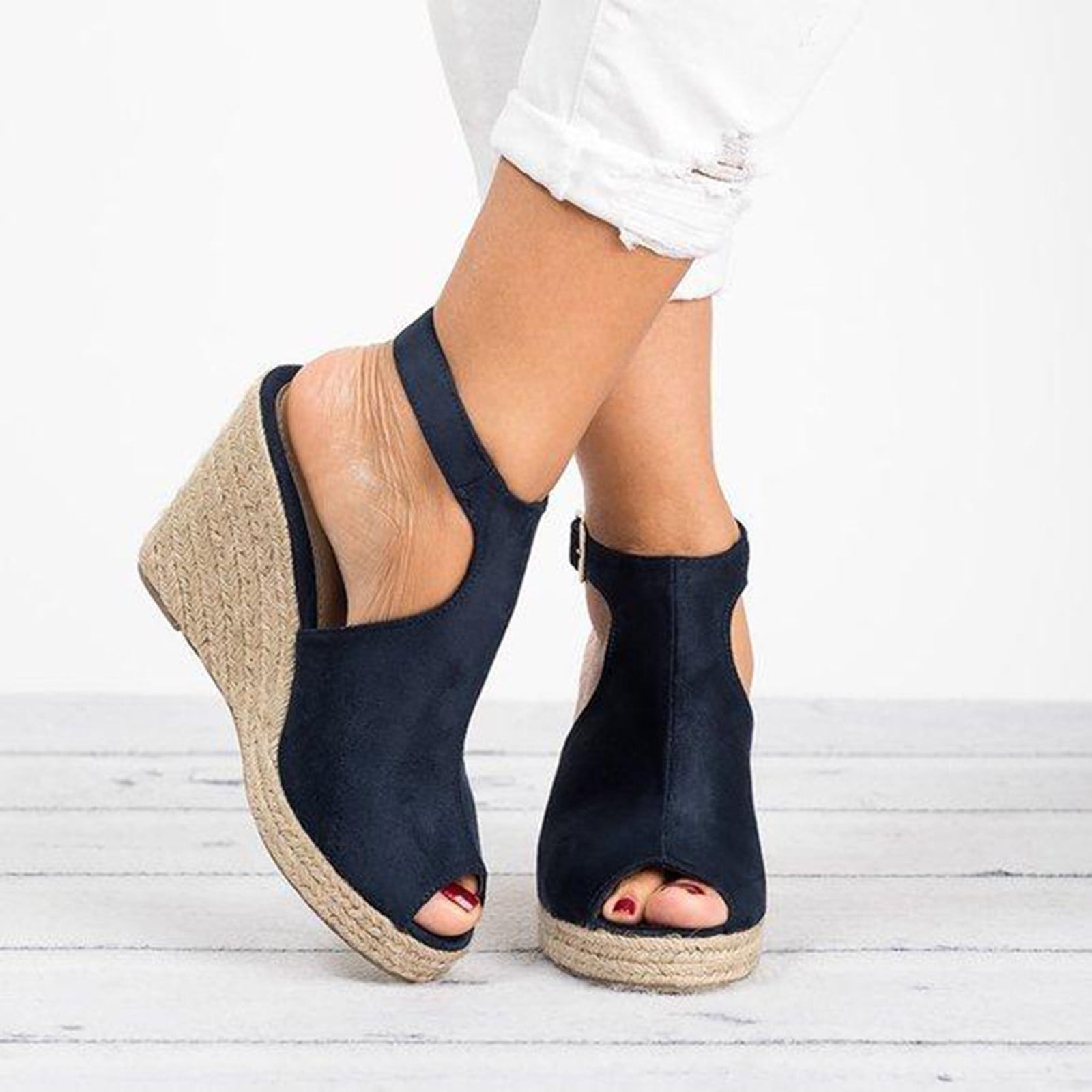 Women Summer Sandals Fashion Fish Mouth Thick Bottom Espadrilles Wedges Casual Buckle Strap Roman Platform Shoes