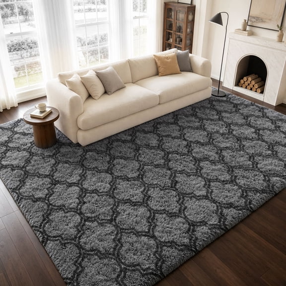 Lanbertent 5ft x 8ft Geometric Shag Area Rugs for Living Room, Modern Fluffy Bedroom Carpet, Gray & Black