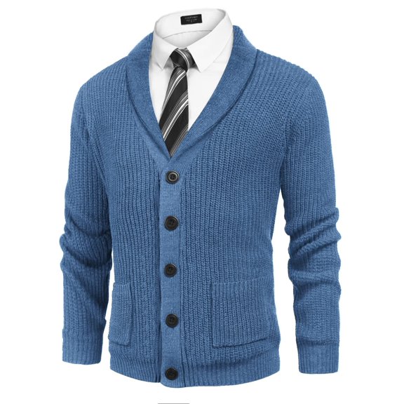 COOFANDY Men's Shawl Collar Cardigan Sweater Slim Fit Cable Knit Button Up Sweater with Pockets