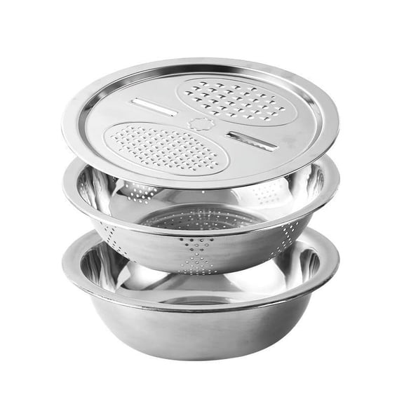 Stainless Steel 3-in-1 Multi-Function Kitchen Grater, Colander & Mixing Bowl Set with 4 Blades for Vegetables, Pasta & Salad, 11-Inch