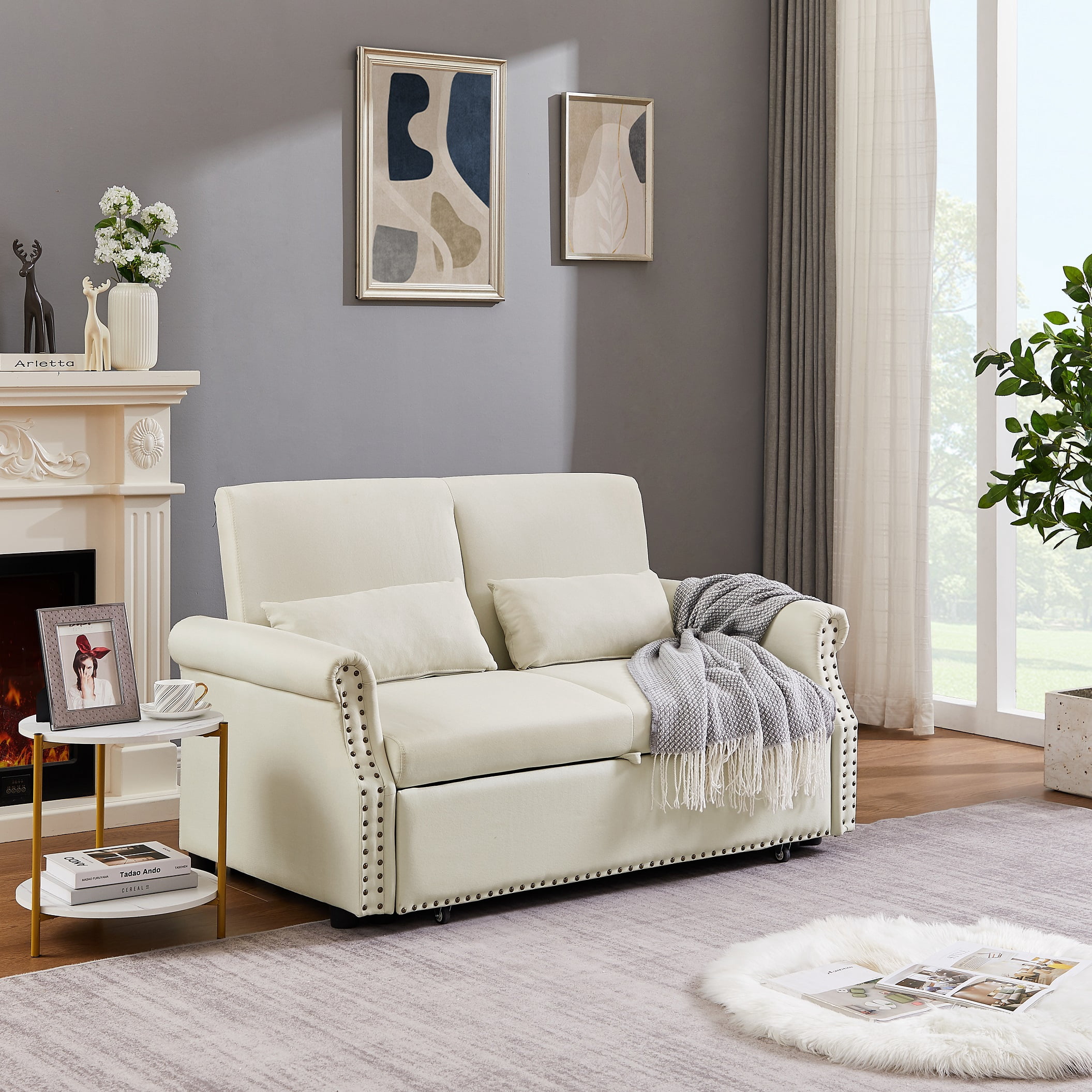 Momspeace 55" Futon Sofa Bed, Modern Loveseat Convertible Pull out Sofa Bed 2 Seater Sleeper Sofa Couch with Adjustable Backrest - Beige