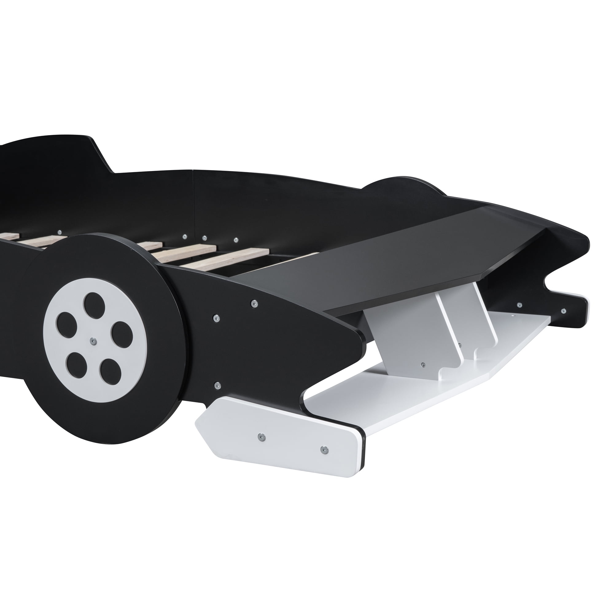 Kumix Full Size Race Car-Shaped Platform Bed with Shelves and Wheels, Wooden Platform Bed for Boys and Girls, Car-Shaped Floor Bed Frame for Bedroom, Full Size Floor Bed, Black