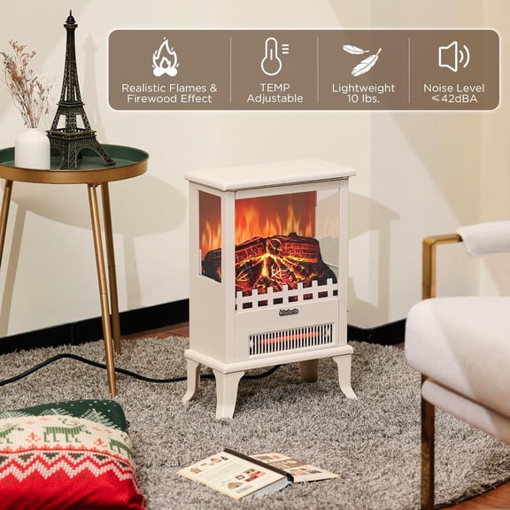 Kicctian Freestanding Electric Fireplace Stove, 1500W Infrared Heater with 3-Sided Viewing & LED Flame for Small Rooms,White