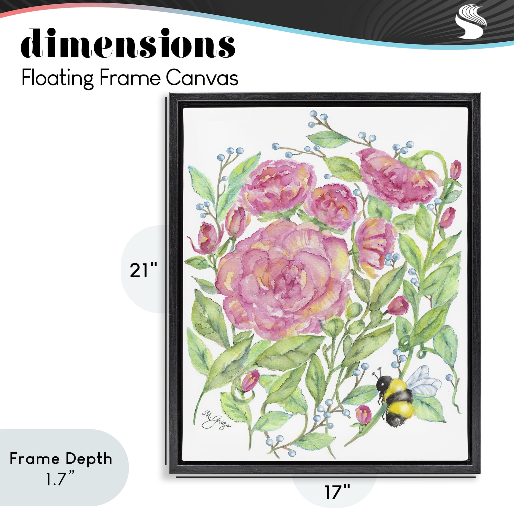 Stupell Industries Peony & Bumble Bee Black Framed Floater Canvas Wall Art, design by Maureen Grigs