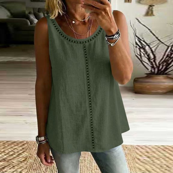 Karymi Blouses for Women Round Neck Eyelet Cut‑Out Sleeveless Linen Blend Tank Top, Solid Casual A‑Line Camisole, Curved‑Hem Summer Shirt, Daily Wear Top Womens Workout Tops