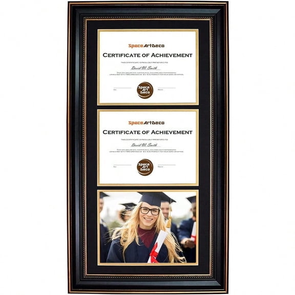 14x29 Triple/Three Certificates Frame With Black Over Gold Double Mat For 3 8.5x11 Diplomas/Degrees Sawtooth Hangers Real Glass Wall Mounting (Ornate Gold/Black)