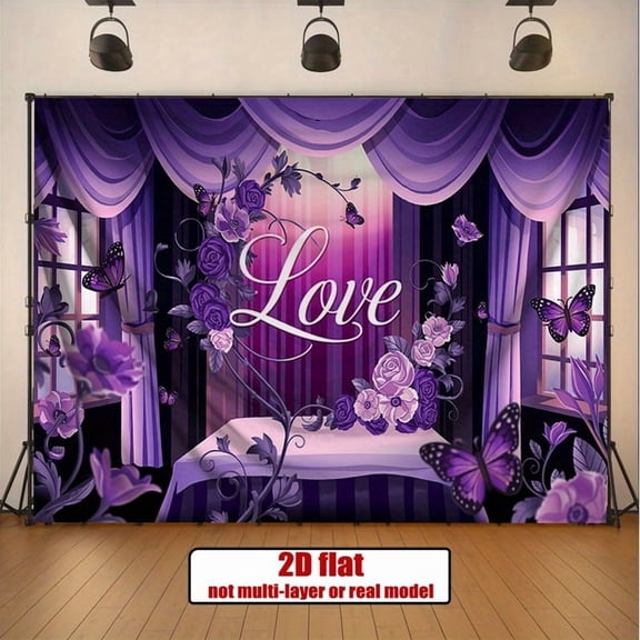 Elegant Purple Pink Floral Love Wedding Backdrop Pastel Lavender Rose Birthday Background Purple Curtain Bridal Shower Party Decorations Banner Supplies Photo Booth Props
