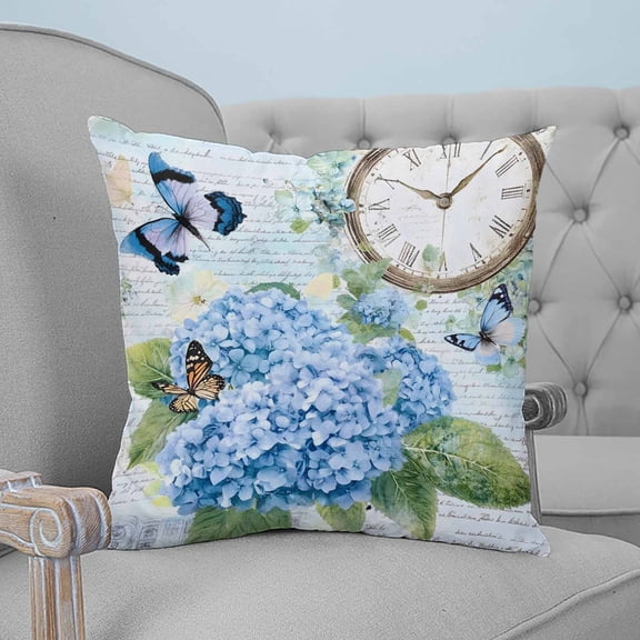 Blue Vintage Hydrangea Decorative Pillowcase 20''x20'', Spring Rustic Clock Butterfly Throw Pillow Covers Soft Cushion Case for Couch Sofa Bedroom Living Room, Pillowcase Boho Decor