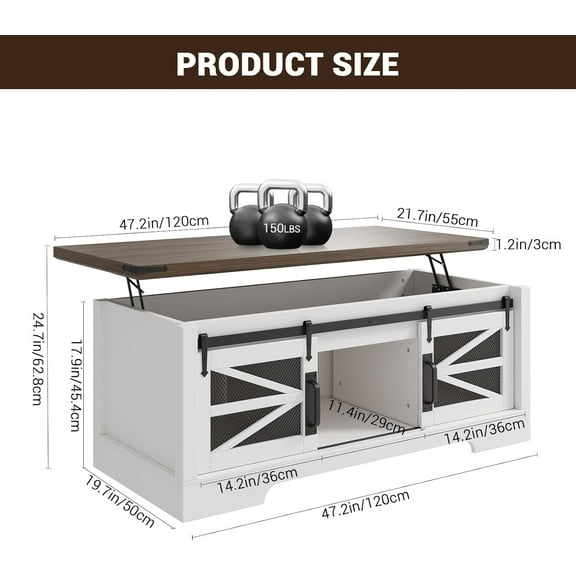 Acekid 47inch Farmhouse Rustic Lift-Top Coffee Table Hidden Storage Multifunctional Design with Sliding Barn Door Adjustable Shelf Wood