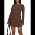 thumbnail image 3 of Vestido Mini de Larga para Mujer, Cuello , , Mangas Acampanadas, Espalda Anudada, Transparente, Sin Espalda, Ajustado, Y2K, Corto Marrón M, 3 of 6