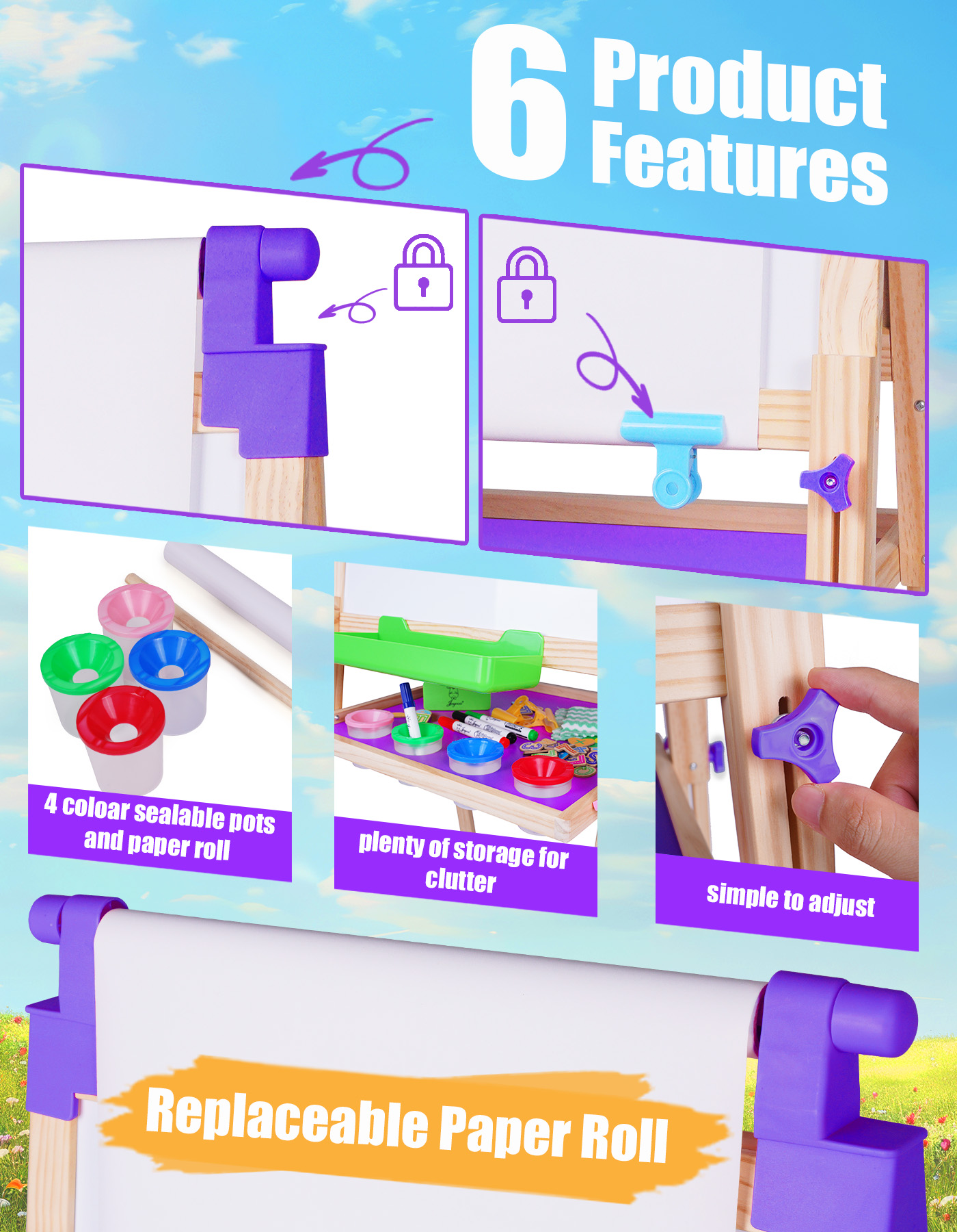 JOYOOSS 36 in - 49 in Adjustable Wood Children's Art Easel with Drawing Paper, Storage Box, Chalk, Markers, Erasers, Magnetic Letters and Math Set