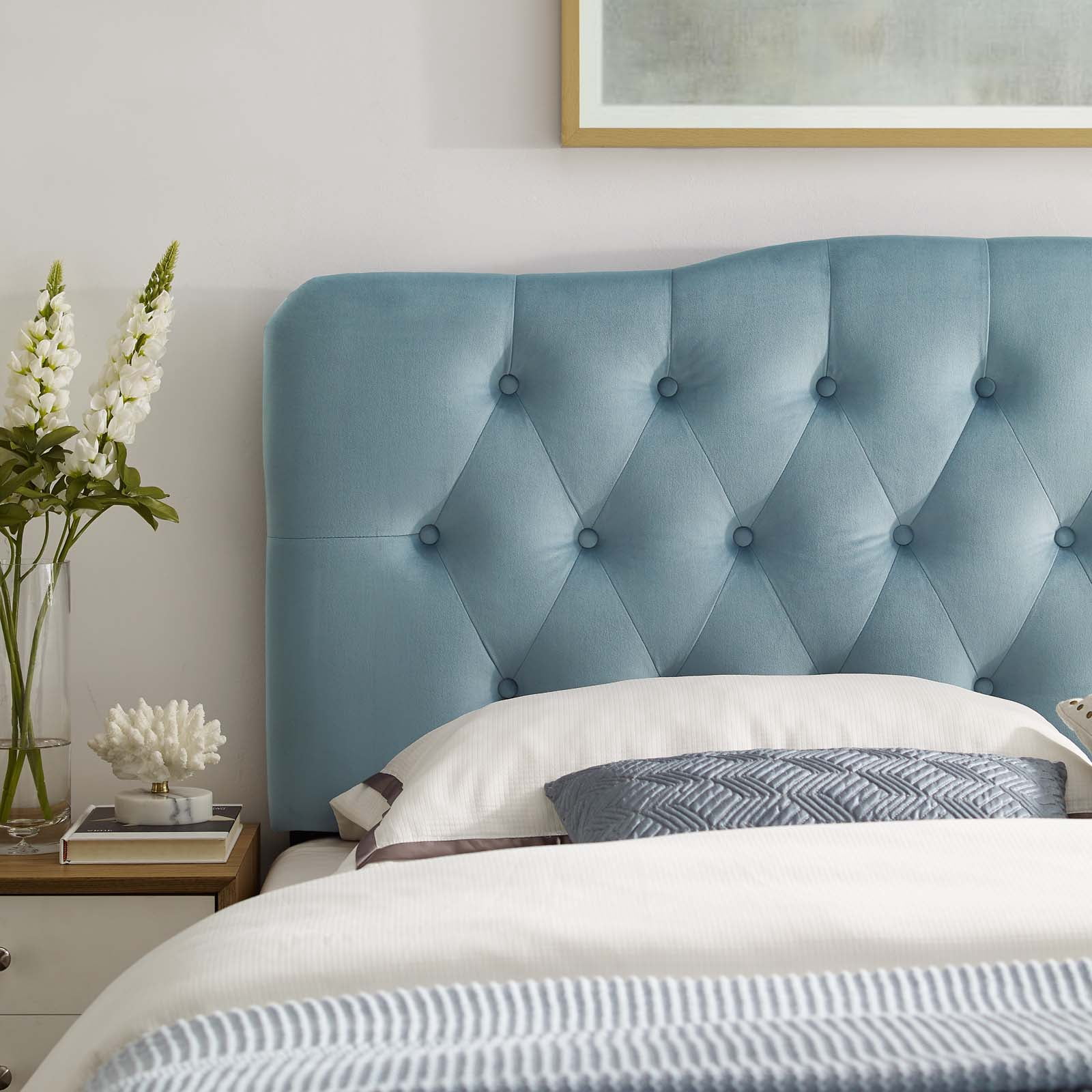 Contemporary Modern Urban Designer Bedroom King Size Tufted Headboard, Velvet Fabric, Light Blue