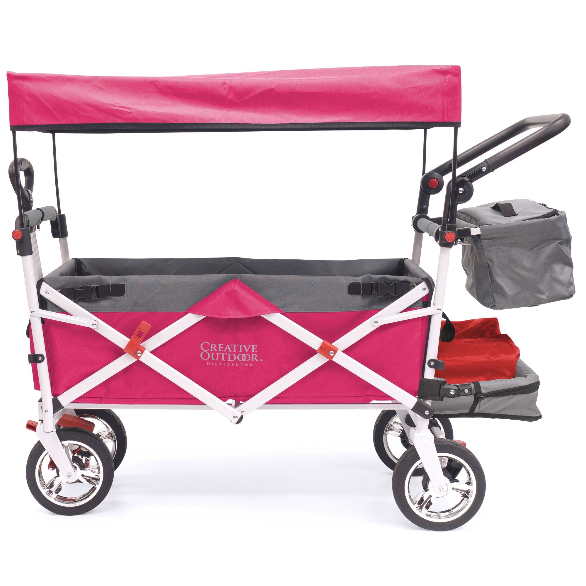 CREATIVE OUTDOOR Push-Pull Collapsible Folding Wagon Stroller Cart w/ Removable Cooler, Canopy & adjustable Handle, Pink