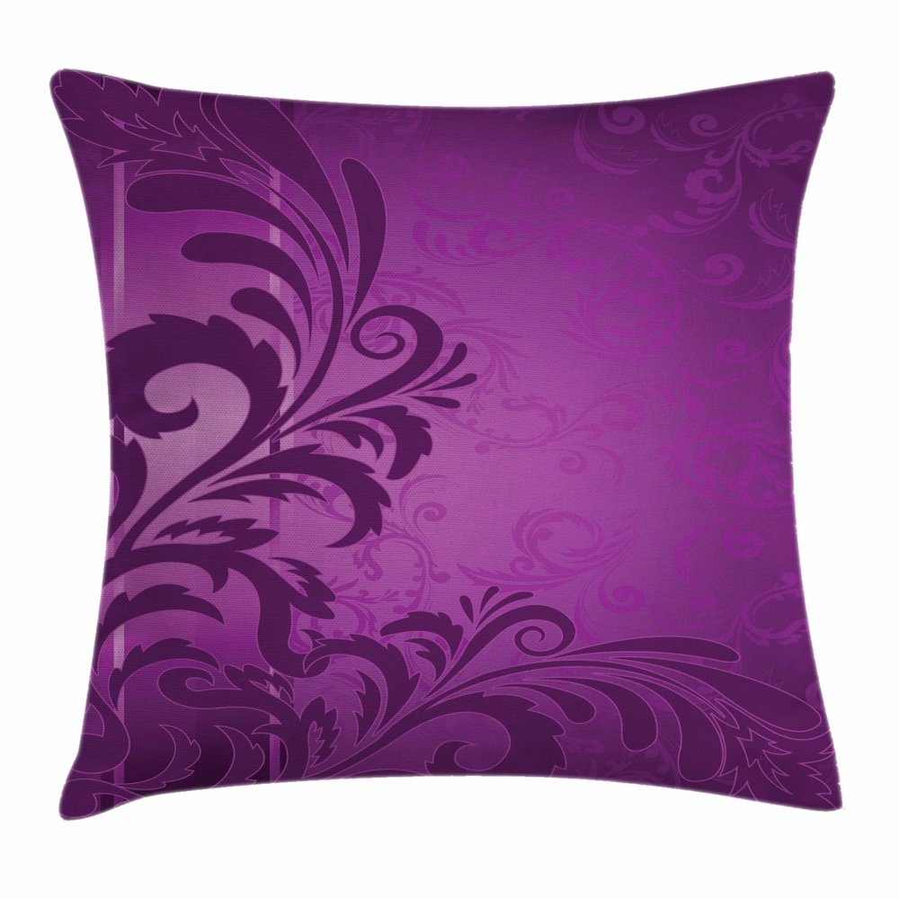 Purple Throw Pillow Cushion Cover, Spiralling Floral Branch on the