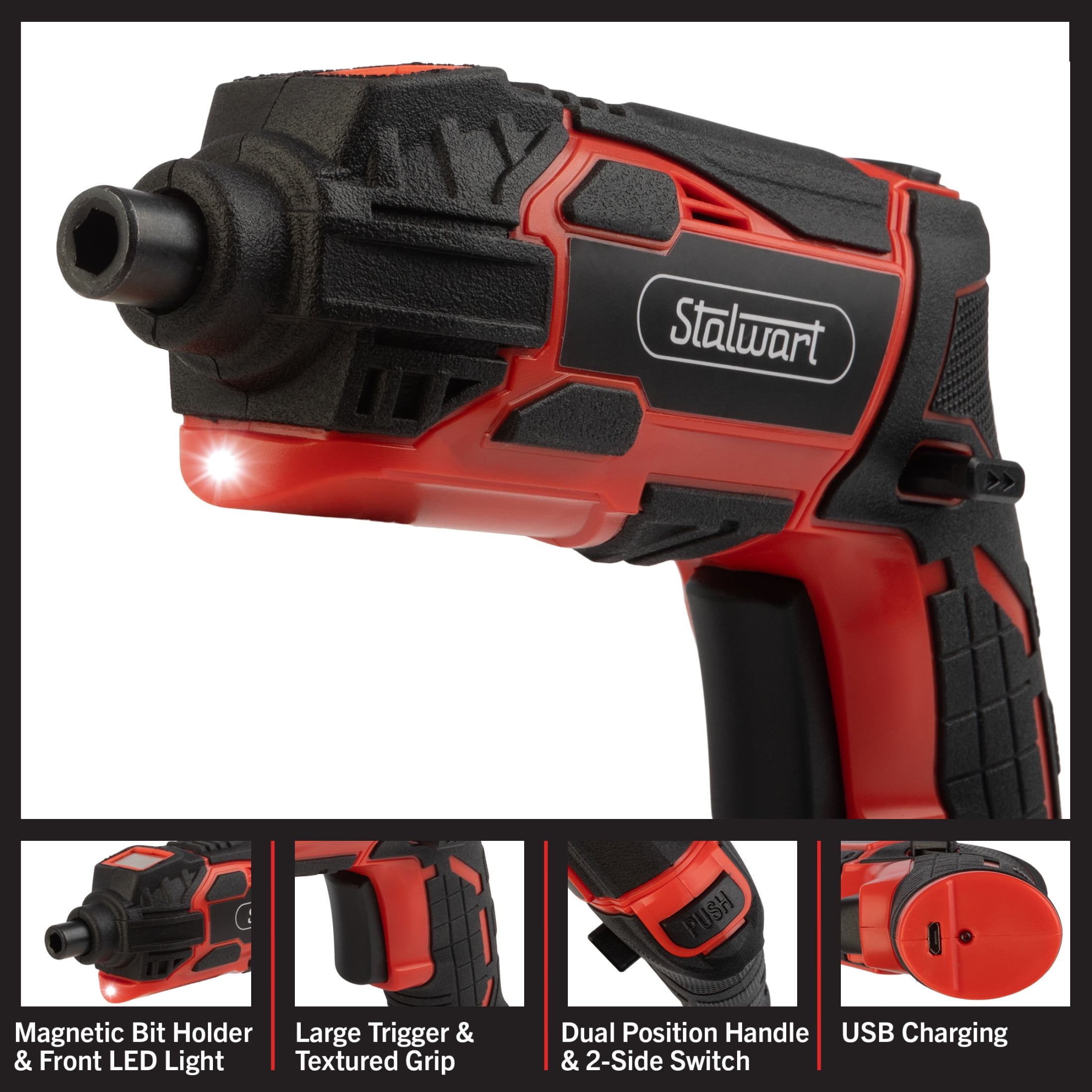 Stalwart Cordless Electric Screwdriver 45pc Set with 2 Position Grip, Red
