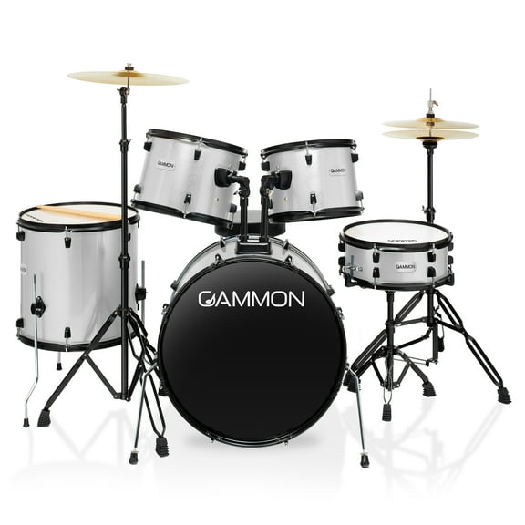 Gammon Percussion 5pc Adult Drum Set - Full Size Beginner Kit w/ Stool & Stands - Silver