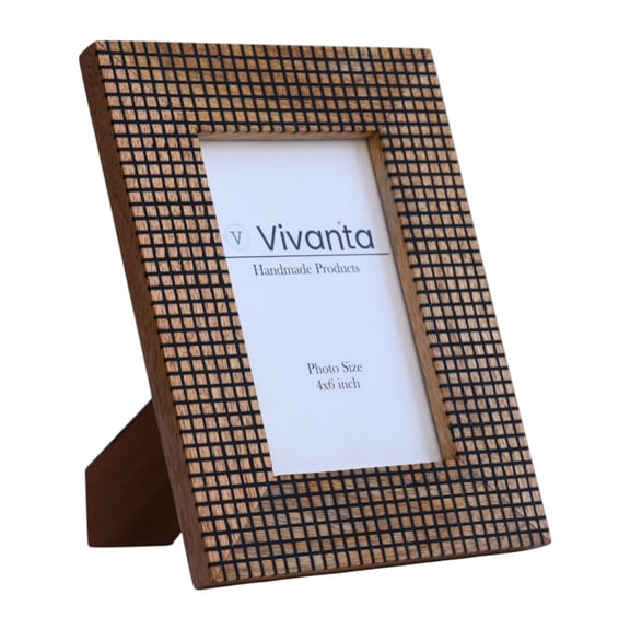 Vivanta 4x6 inch Photo Frame, Mango Wood Rustic Grid Design, Real Glass, Tabletop Boho Farmhouse Décor