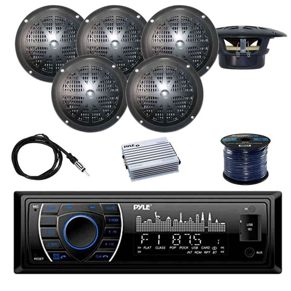 pyle plrmr27btb marine bluetooth receiver stereo(black) w/pyle waterproof stereo speakers (black) (3-pairs), pyle 4 chan.marine amp, enrock ekmr2 marine antenna, enrock audio 50 foot 16-g speaker wire