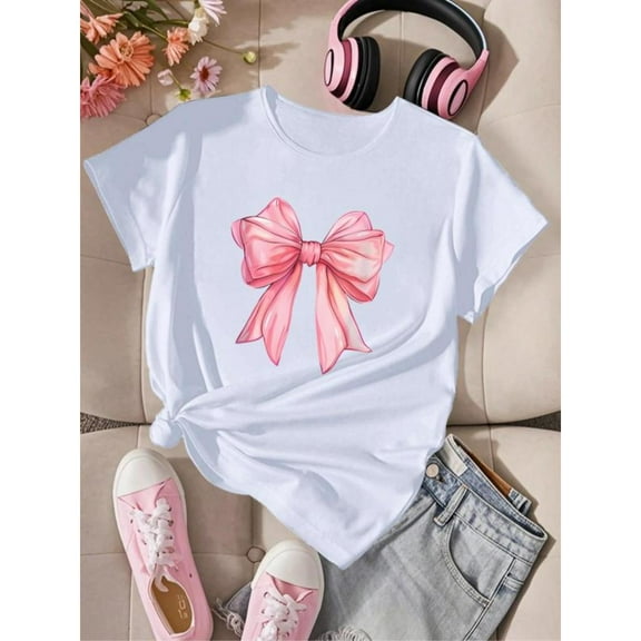 Bow Print Summer Design Daily Wear Graphic Tees Tops Short Sleeve Round Neck Commuting White S-5XL