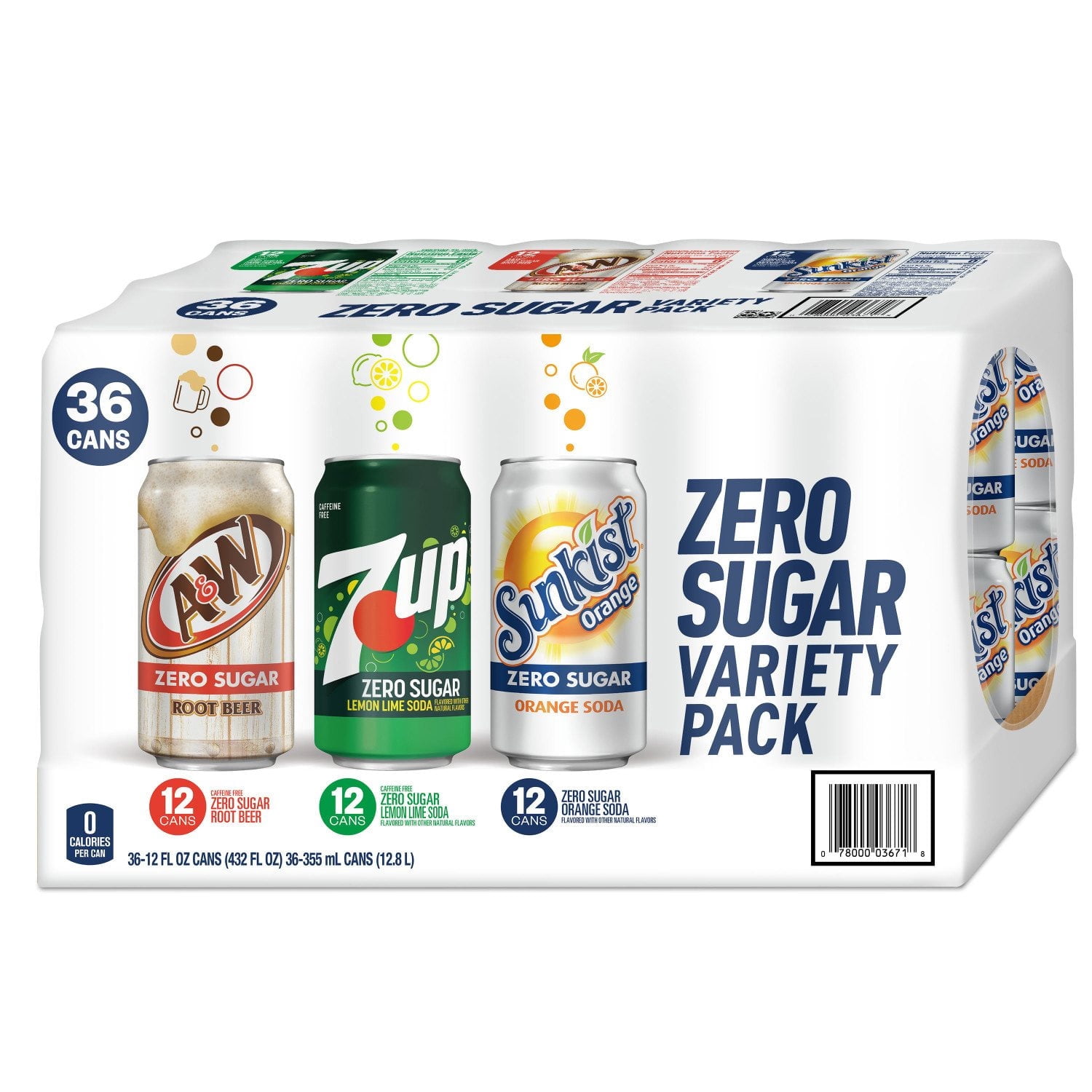 7UP, Sunkist & A&W Zero Sugar Soda Variety Pack, 12 fl oz Cans, 36 Pack – Zero Calories, Assorted Flavors